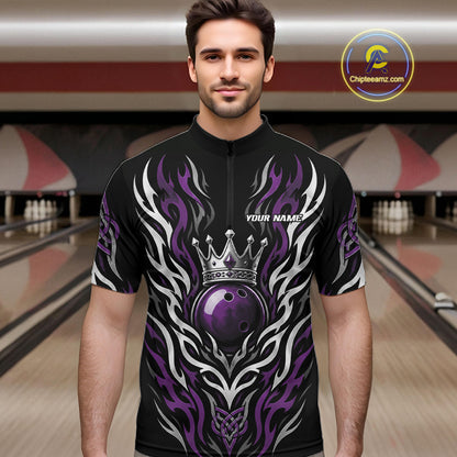 Custom Black And Purple Irish Tribal Pattern Bowling Ball With Crown Men Quarter Zip Shirt IPHW11695