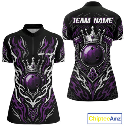 Custom Purple Irish Tribal Pattern Bowling Ball With Crown Women Quarter-Zip Shirt IPHW11695
