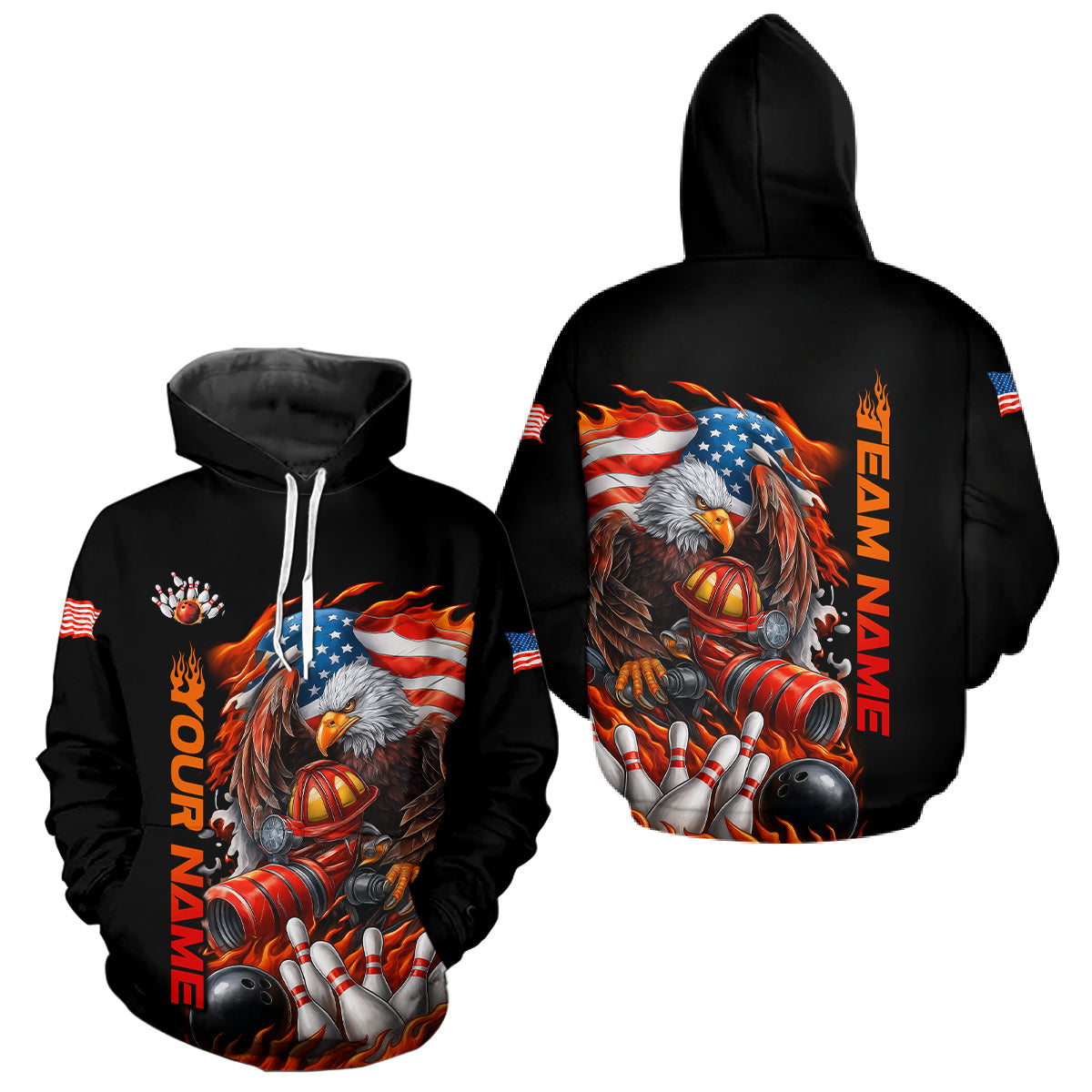 Custom Patriotic Flame Eagle Men And Women Bowling Team Shirt, Firefighter Bowling Shirt IPHW10202