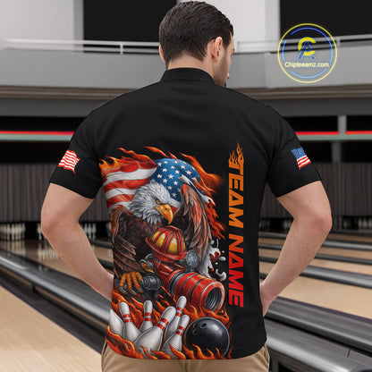 Custom Patriotic Flame Eagle Men Bowling Team Shirt, Firefighter Bowling Shirt IPHW10202