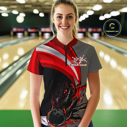 Custom Black, Red And Gray Flame Bowling Women Quarter-Zip Shirt, Bowling League Shirt IPHW9273