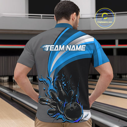 Custom Black, Blue And Gray Flame Bowling Quarter-Zip Shirts For Men, Bowling Team League Shirt IPHW9274