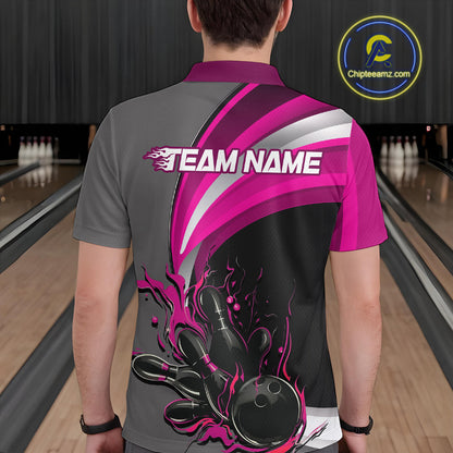 Custom Black, Pink And Gray Flame Bowling Polo Shirts For Men, Bowling Team League Shirt IPHW9275