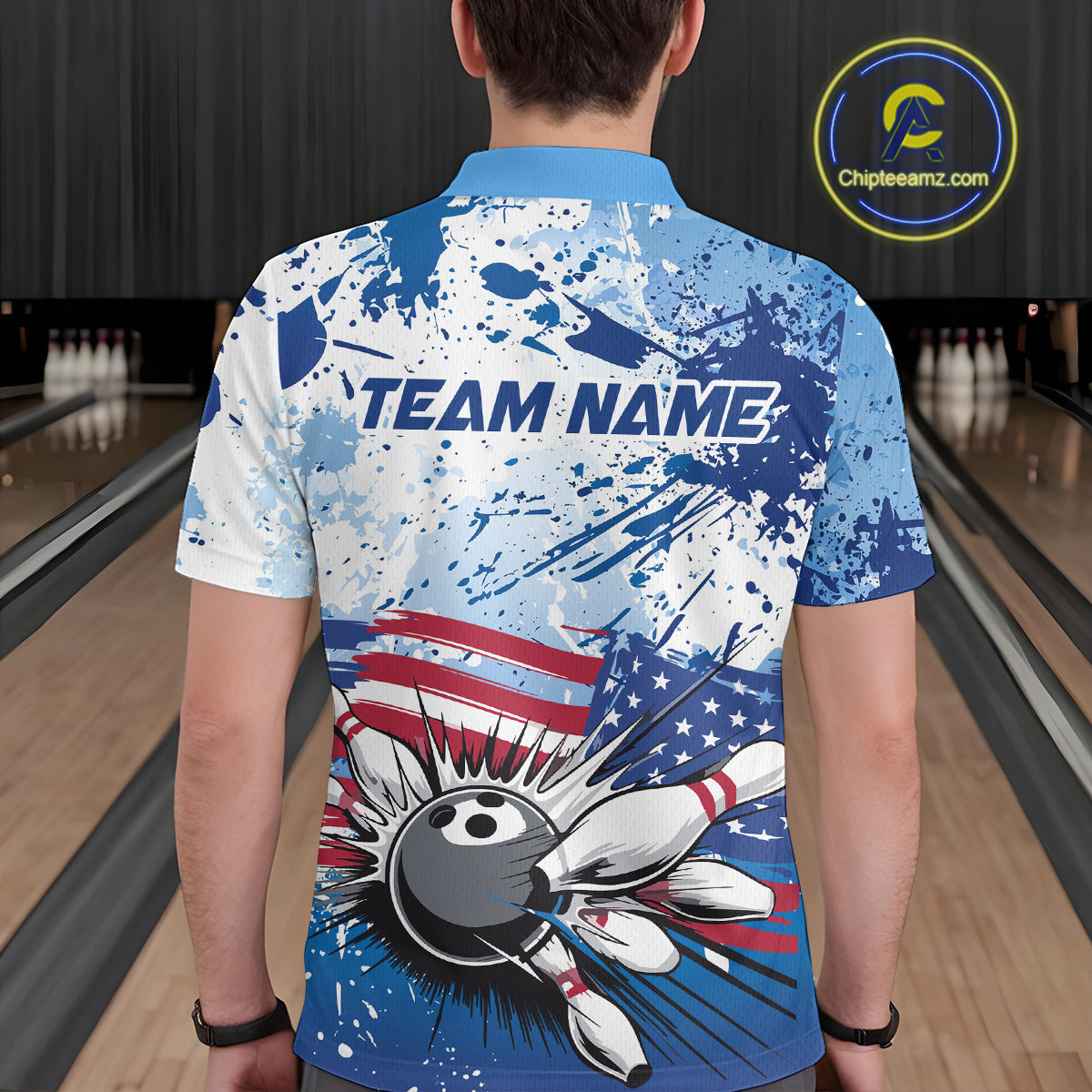 Custom Blue Camo Patriotic Bowling Polo Shirts For Men, Bowling Team Uniform IPHW9595
