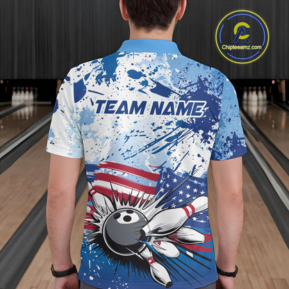 Custom Blue Camo Patriotic Bowling Polo Shirts For Men, Bowling Team Uniform IPHW9595