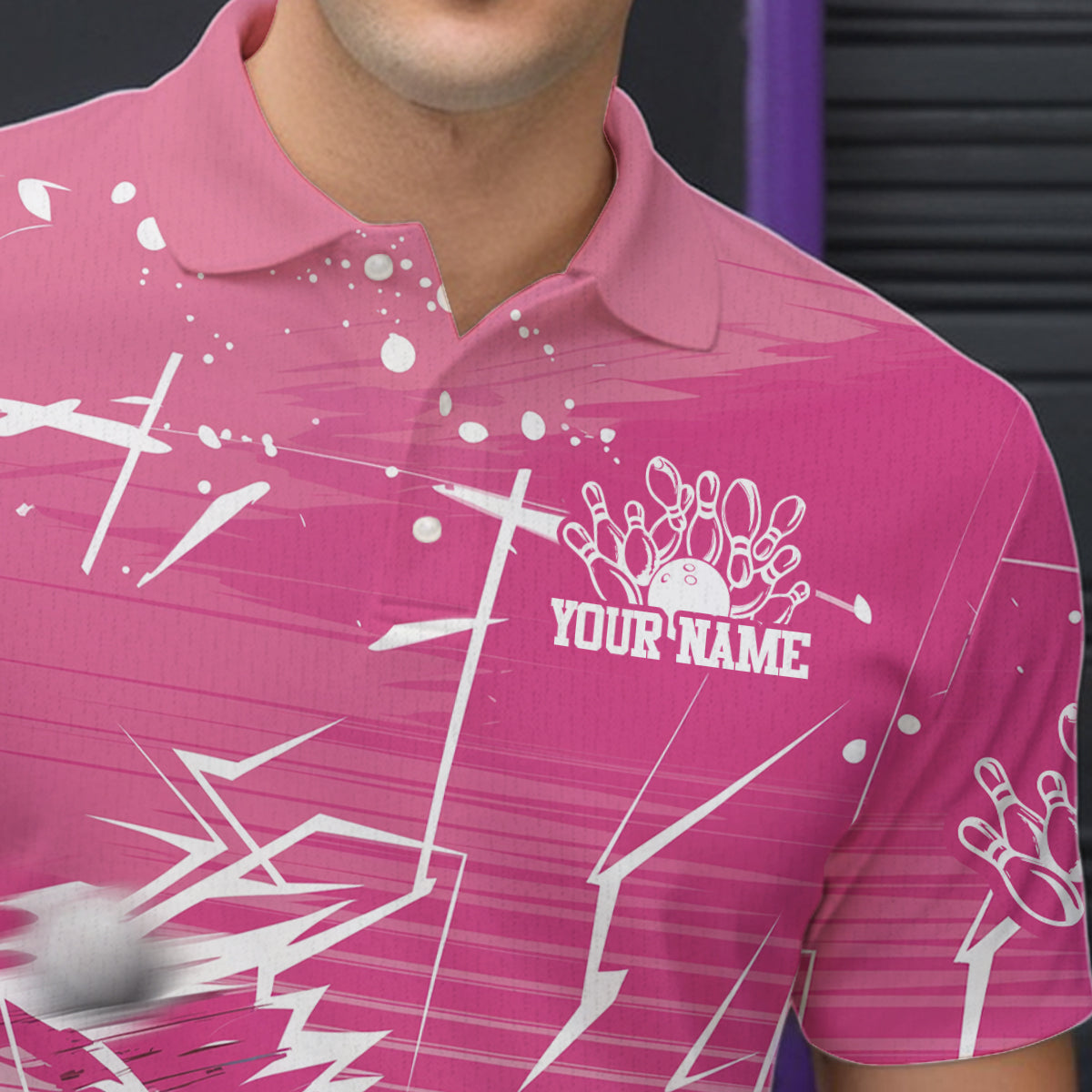 Custom White And Pink Bowling Team Men Polo Shirts, Bowling Ball And Pins Jerseys IPHW9601
