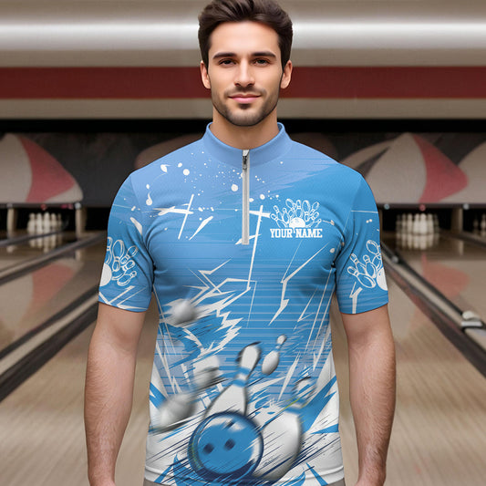 Custom White And Blue Bowling Team Men Quarter-Zip Shirts, Bowling Ball And Pins Jerseys IPHW9602