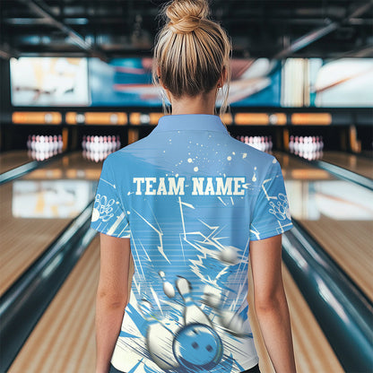 Custom White And Blue Bowling Team Women Quarter-Zip Shirt, Bowling Ball And Pins Jerseys IPHW9602