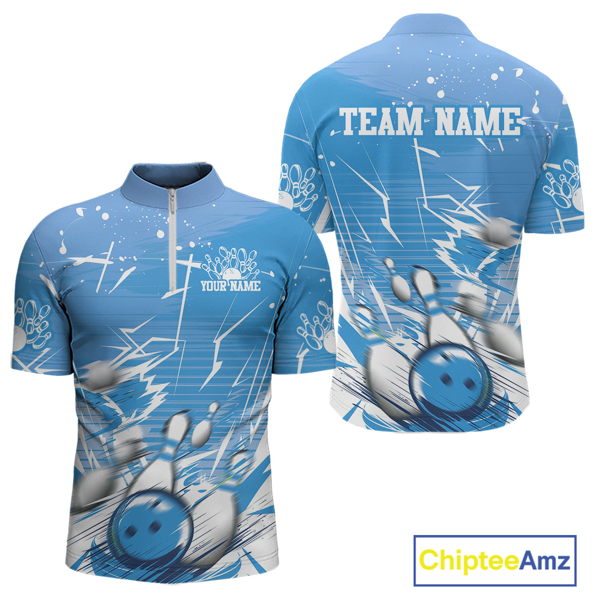 Custom White And Blue Bowling Team Men Quarter-Zip Shirts, Bowling Ball And Pins Jerseys IPHW9602