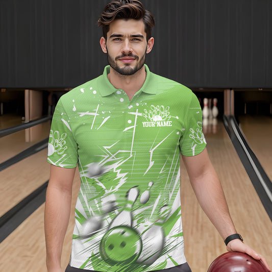 Custom White And Green Bowling Team Men Polo Shirts, Bowling Ball And Pins Jerseys IPHW9603