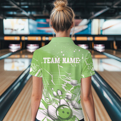 Custom White And Green Bowling Team Women Quarter-Zip Shirt, Bowling Ball And Pins Jersey IPHW9603