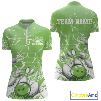 Custom White And Green Bowling Team Women Quarter-Zip Shirt, Bowling Ball And Pins Jersey IPHW9603