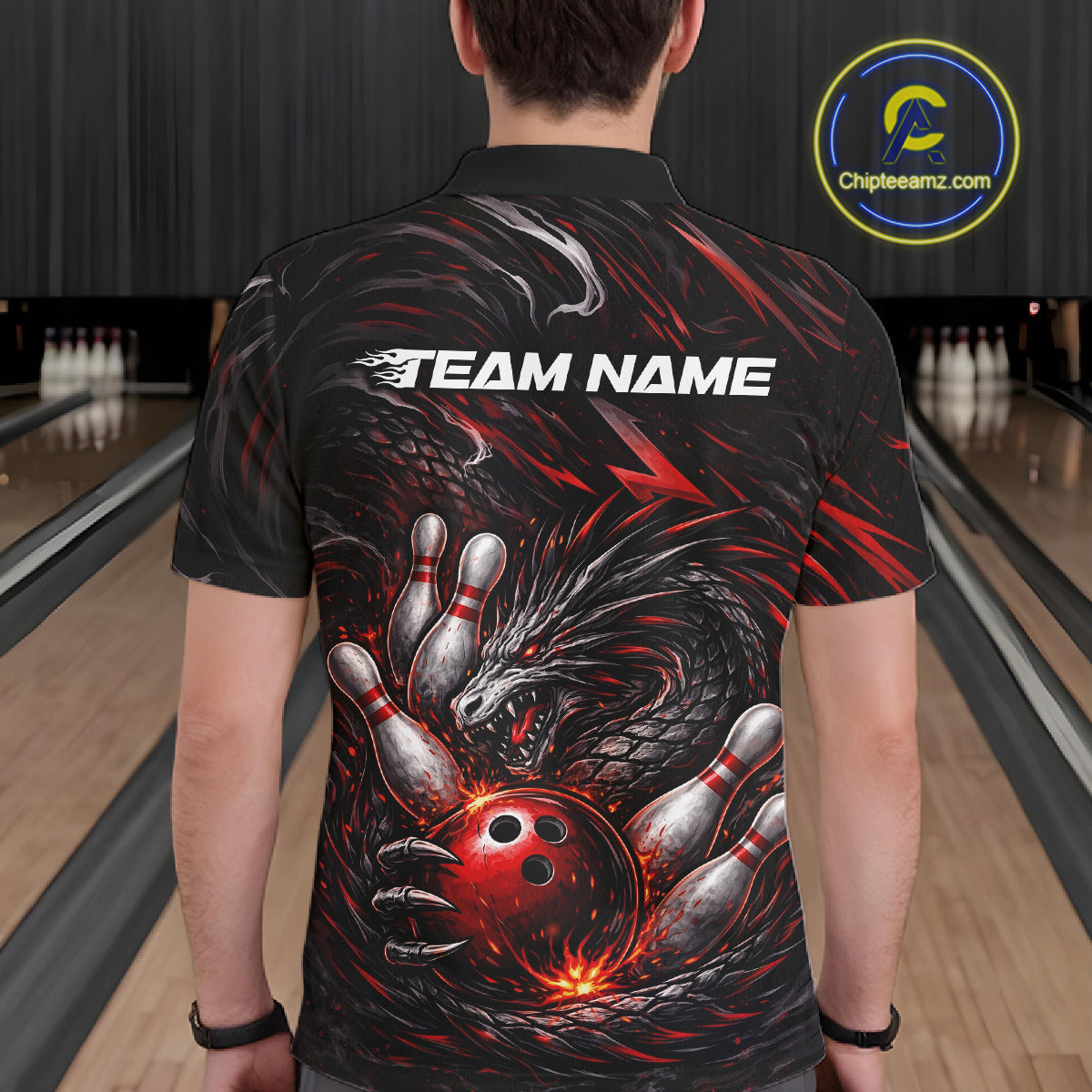 Custom Black And Red Dragon Bowling Jerseys, Dragon Bowling Team Men Polo Shirt IPHW10362