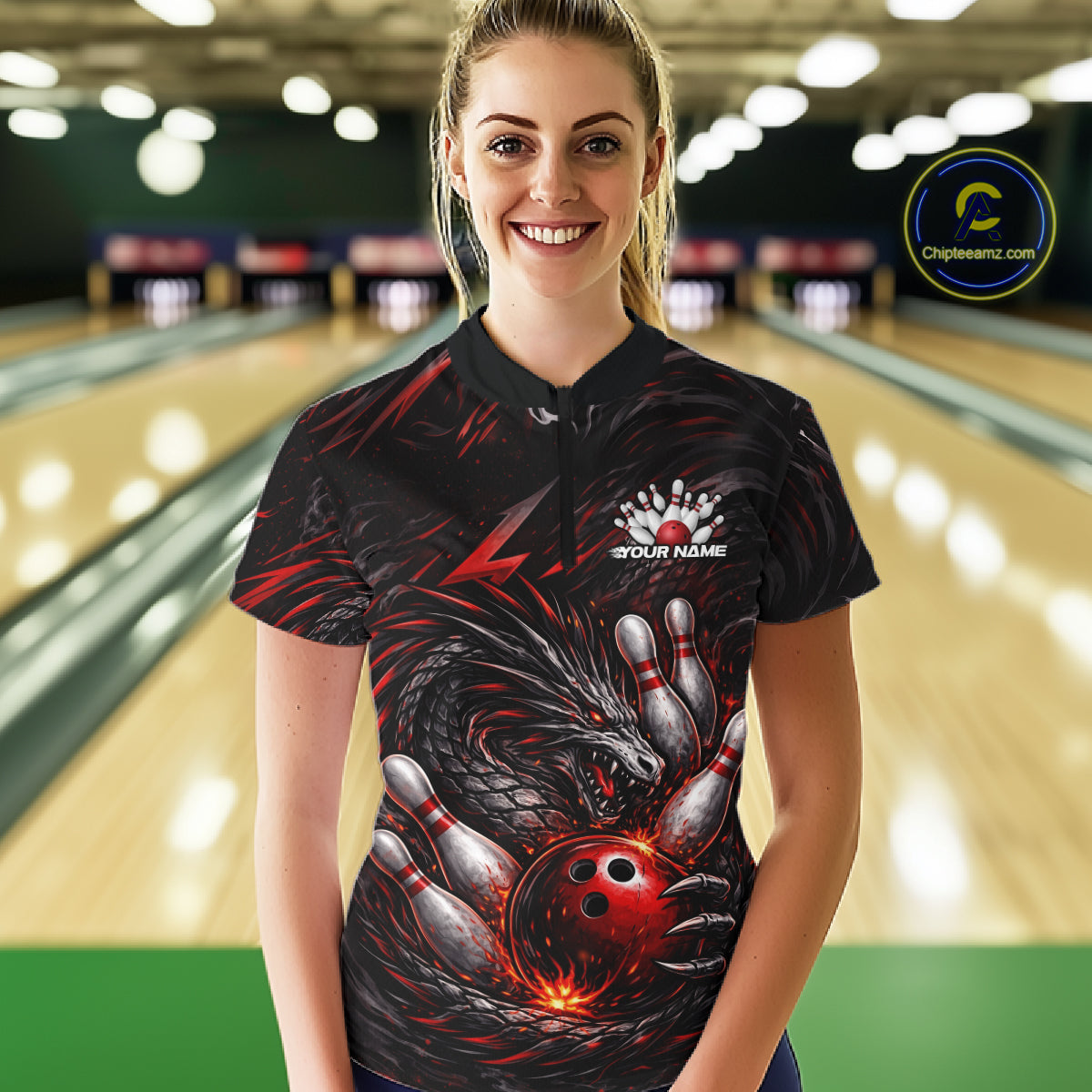 Custom Black And Red Dragon Bowling Jerseys, Dragon Bowling Team Women Quarter-Zip Shirt IPHW10362