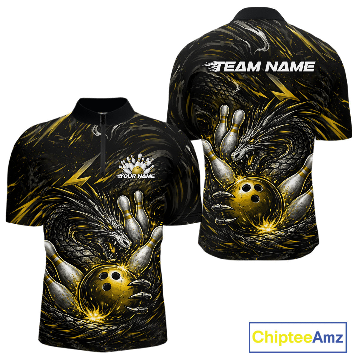 Custom Black And Gold Dragon Bowling Jerseys, Dragon Bowling Team Men Quarter-Zip Shirt IPHW10364