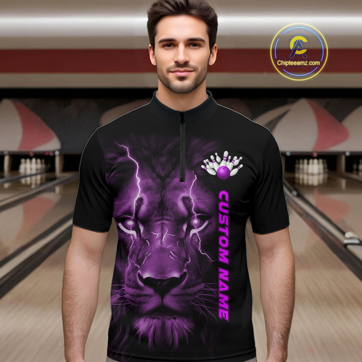 Custom Purple Thunder Lightning Lion Bowling Shirt For Men, Lion Bowling Team Jerseys IPHW10667