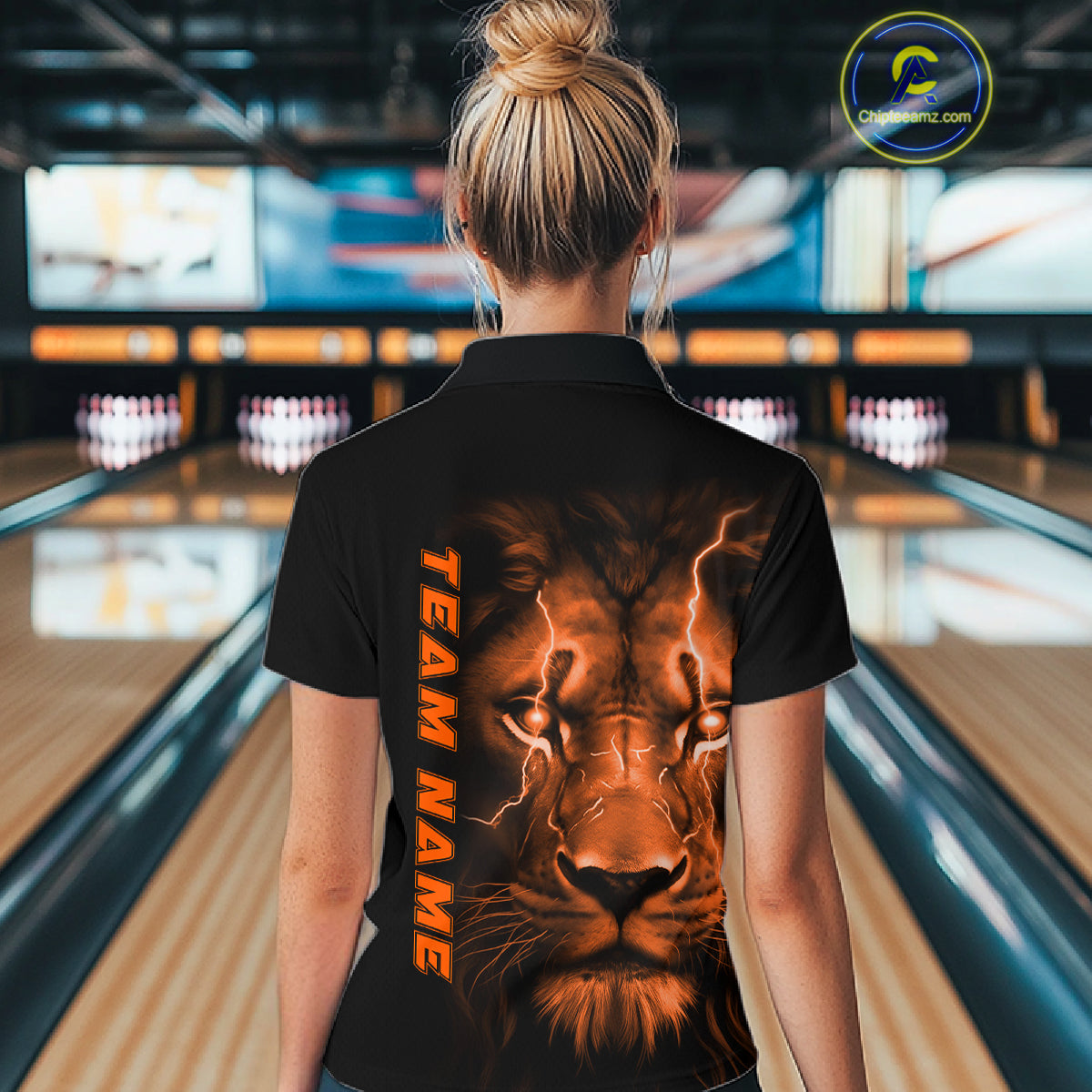 Custom Orange Thunder Lightning Lion Bowling Shirt For Women, Lion Bowling Team Jerseys IPHW10669