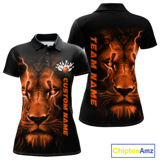 Custom Orange Thunder Lightning Lion Bowling Shirt For Women, Lion Bowling Team Jerseys IPHW10669