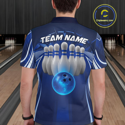 Custom Blue Bowling Tournament Bowling Polo Shirts For Men With Team Name IPHW9280