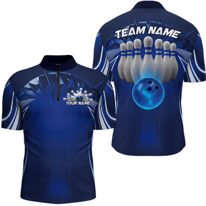 Custom Blue Bowling Tournament Bowling Quarter-Zip Shirts For Men With Team Name IPHW9280