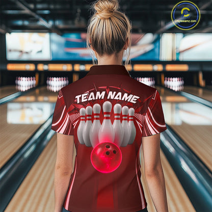 Custom Red Bowling Tournament Bowling Polo Shirts For Women With Team Name IPHW9282