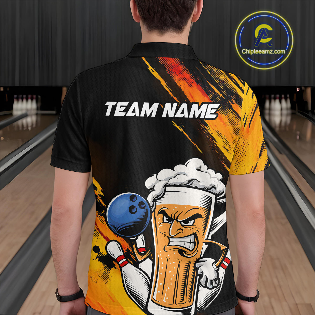 Custom Black And Yellow Funny Bowling And Beer Jerseys, Bowling Team Men Polo Shirts IPHW9605