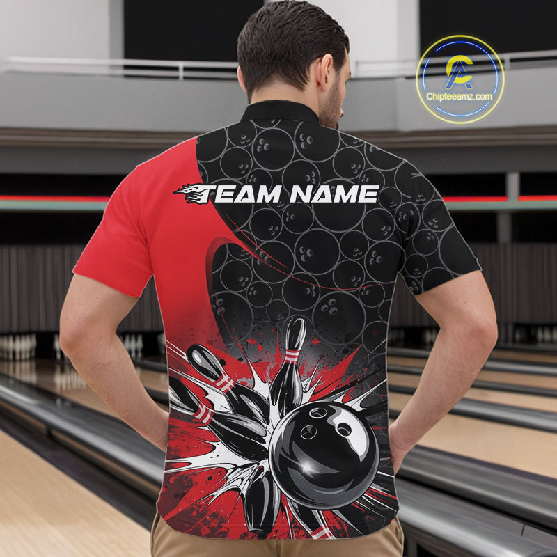 Custom Red Bowling Team Quarter-Zip Shirts For Men, Bowling Pattern Bowling League Shirt IPHW9623