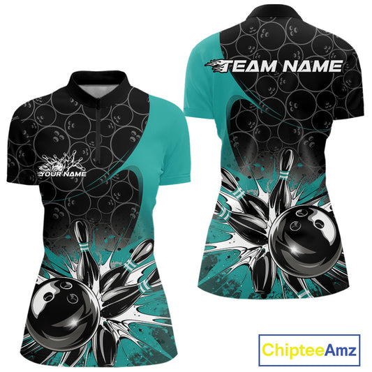 Custom Blue Bowling Team Women Quarter Zip Shirt, Bowling Pattern Bowling League Shirt IPHW9625