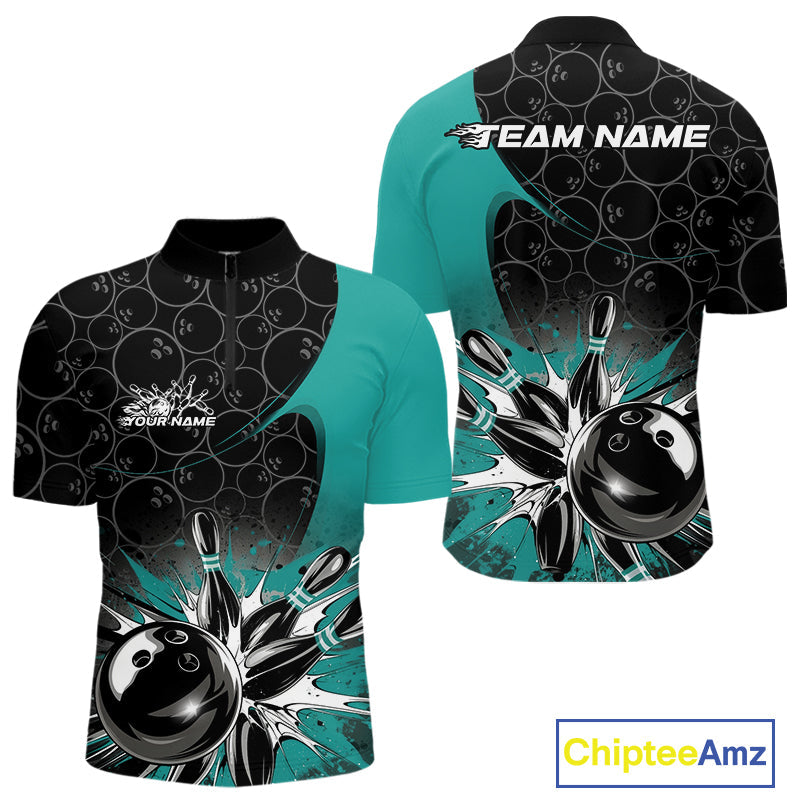 Custom Blue Bowling Team Quarter-Zip Shirts For Men, Bowling Pattern Bowling League Shirt IPHW9625