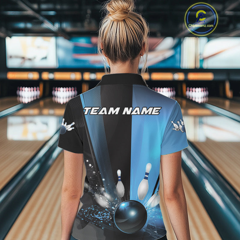 Custom Black And Blue Bowling Jerseys, Glowing Motion Graphic Bowling Women Polo Shirt IPHW9444