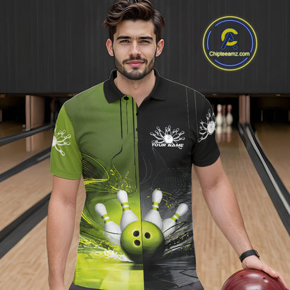 Half Black Half Green Custom Bowling Team Polo Shirts For Men, Bowling Tournament Shirt IPHW9445