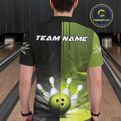 Half Black Half Green Custom Bowling Team Polo Shirts For Men, Bowling Tournament Shirt IPHW9445