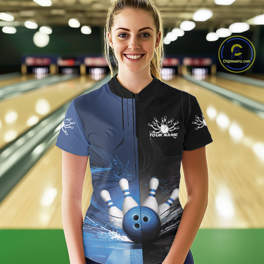 Half Black Half Blue Custom Bowling Women Quarter-Zip Shirt, Bowling Tournament Shirt IPHW9446