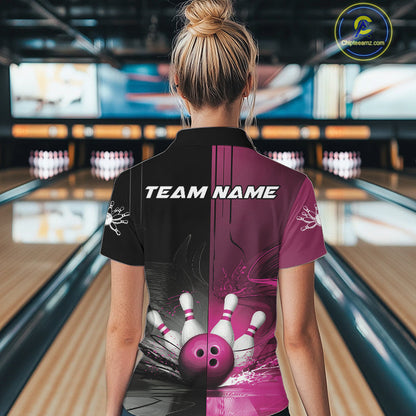 Half Black Half Pink Custom Bowling Women Quarter-Zip Shirt, Bowling Tournament Shirt IPHW9447