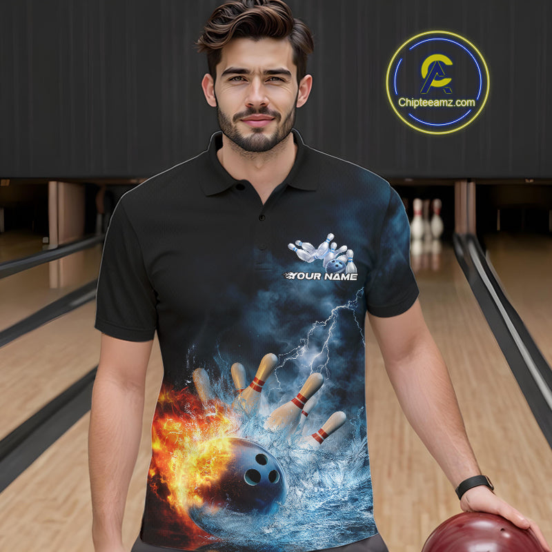 Custom Water And Fire Bowling Team Polo Shirts For Men, Thunder Lightning Bowling Uniform IPHW9450