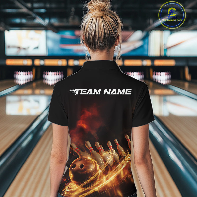 Custom Golden Glowing Light Trails Bowling Team Women Quarter-Zip Shirt, Bowling Jersey IPHW9452