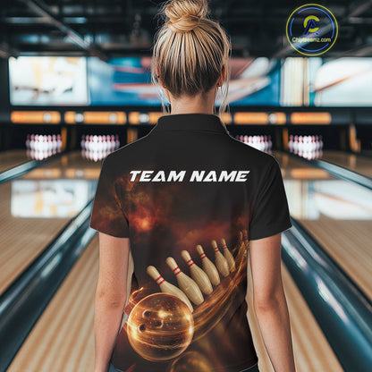 Custom Black And Gold Fire Energy Streaks Bowling Team Women Polo Shirts, Bowling Uniform IPHW9453