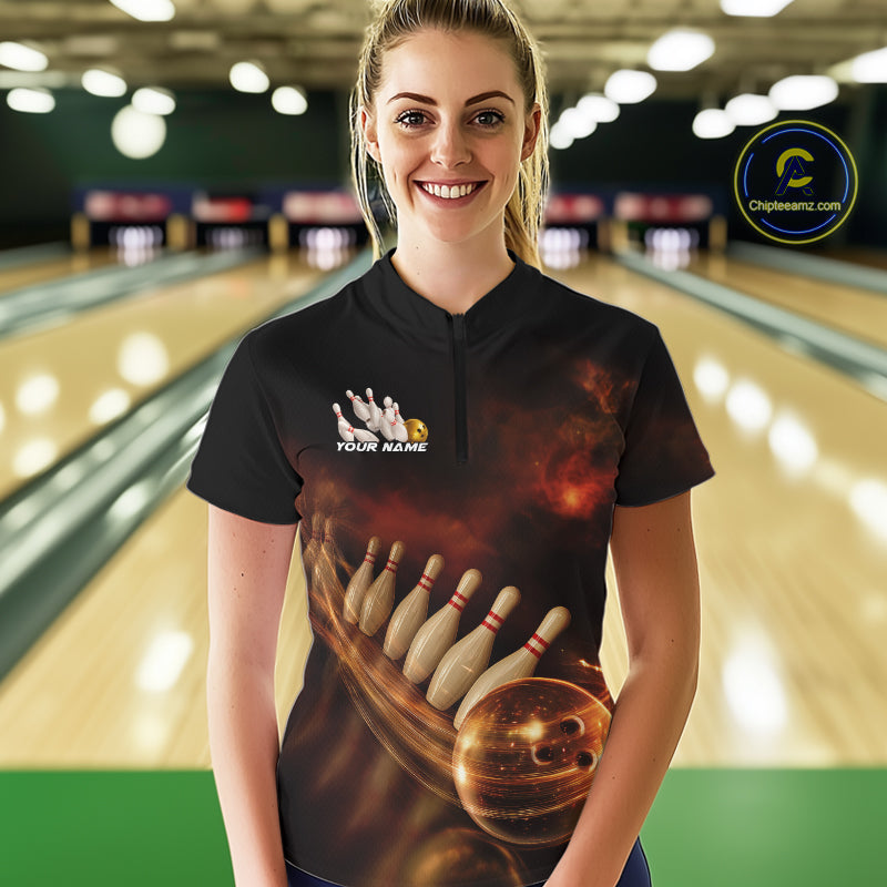Custom Black And Gold Fire Energy Streaks Bowling Team Women Quarter-Zip Shirt Uniform IPHW9453
