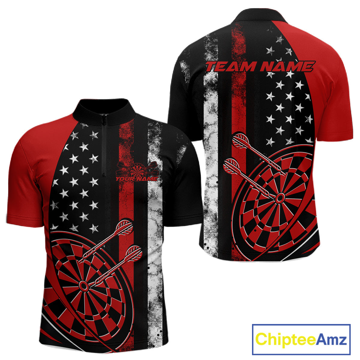 Custom Red Thin Line US Flag Patriotic Dartboard Dart Men Quarter-Zip Team Shirts, Dart Jerseys IPHW9644