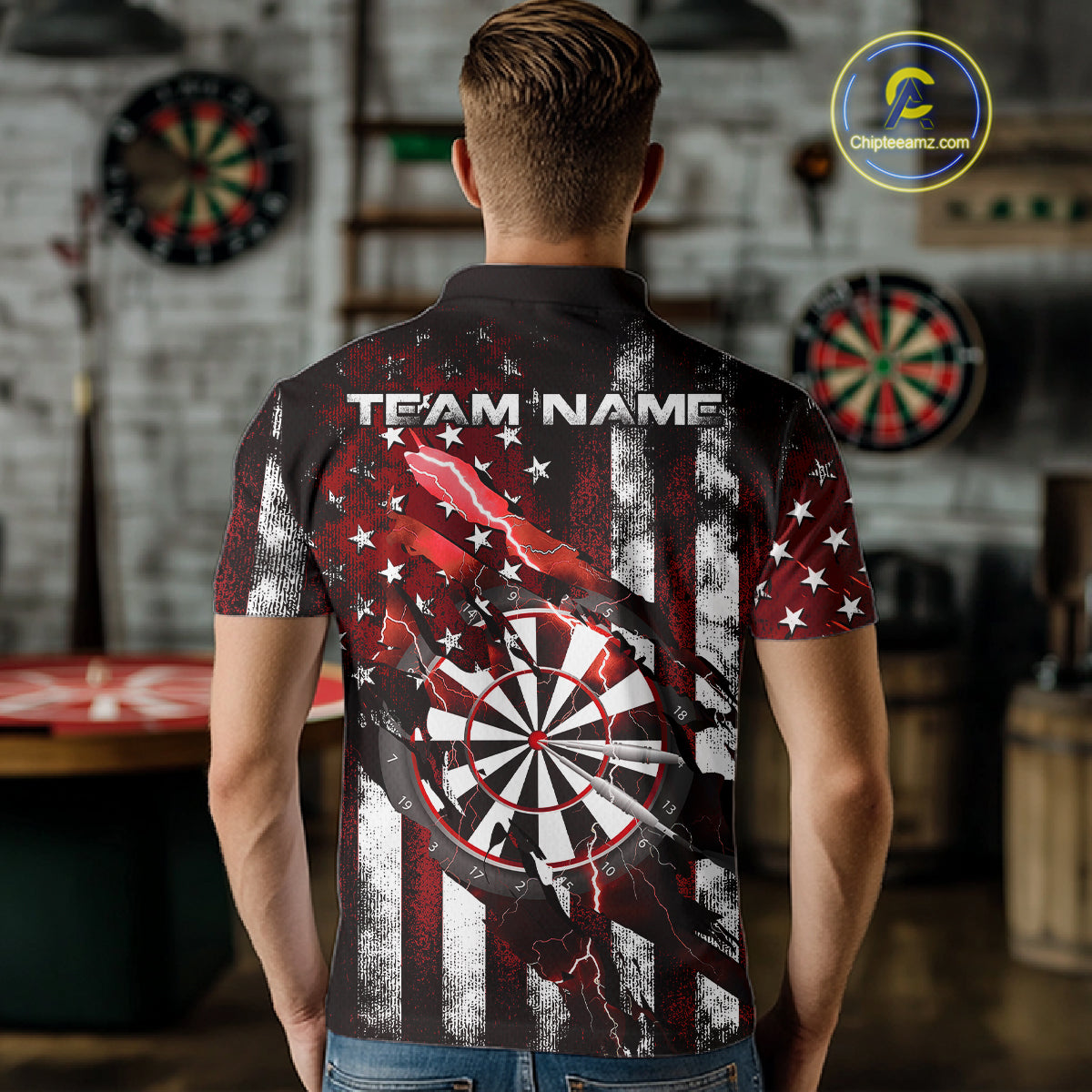 Custom Red Thunder Lightning Patriotic Dart Men Polo Shirts, Vintage Dart Jerseys IPHW9652