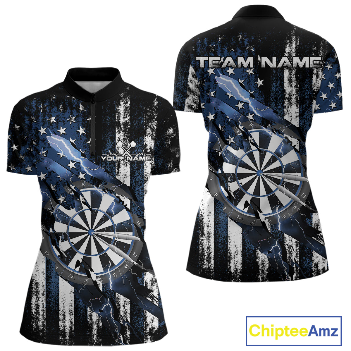 Custom Blue Thunder Lightning Patriotic Dart Women Quarter-Zip Shirts, Dart Jerseys IPHW9655