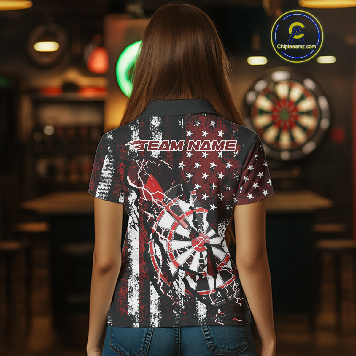 Custom Red Thunder Lightning Patriotic Dart Team Polo Shirts For Women, Dart Jerseys IPHW9656