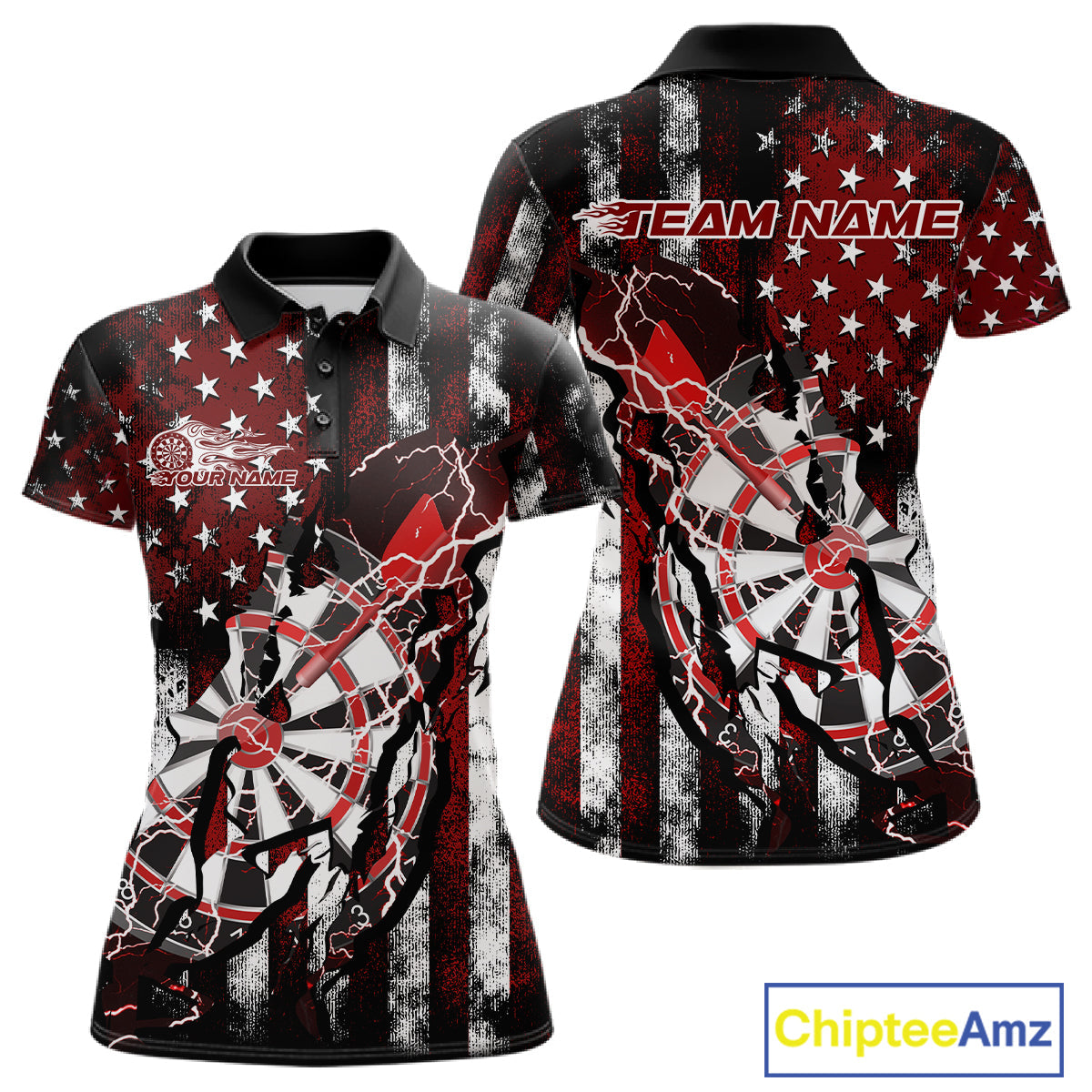 Custom Red Thunder Lightning Patriotic Dart Team Polo Shirts For Women, Dart Jerseys IPHW9656