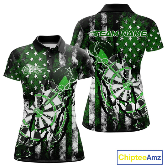 Custom Green Thunder Lightning Patriotic Dart Team Polo Shirts For Women, Dart Jerseys IPHW9659