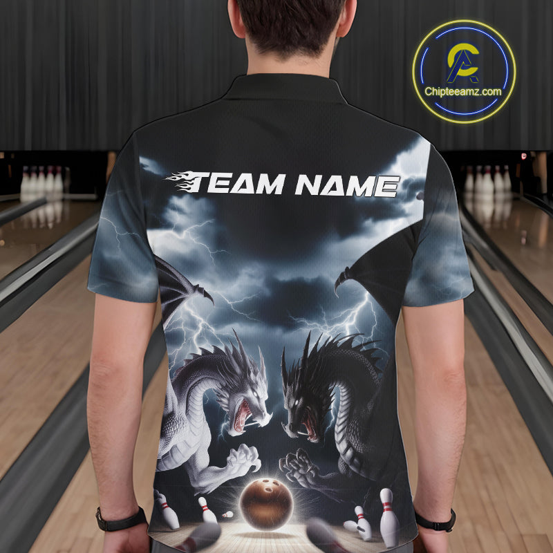 Custom Black And White Dragons Lightning Bowling Polo Shirts For Men, Bowling League Shirt IPHW9820