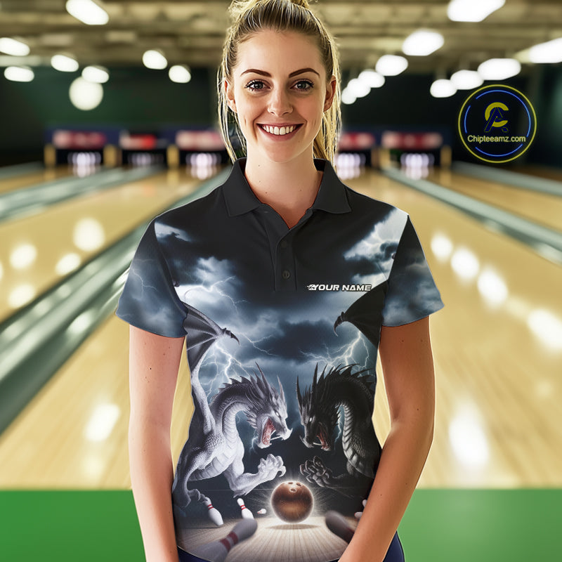Custom Black And White Dragons Lightning Bowling Women Polo Shirts, Bowling League Shirt IPHW9820