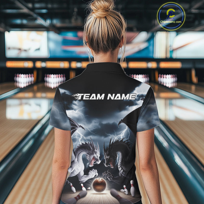 Custom Black And White Dragons Lightning Bowling Women Polo Shirts, Bowling League Shirt IPHW9820