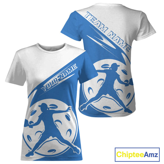 Custom White And Blue Pickleball Jersey, Pickleballer Pickleball Player T-Shirts For Women IPHW9339