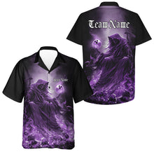 Load image into Gallery viewer, Custom Purple Flame Grim Reaper Bowling Men And Women Hawaiian Shirts, Halloween Bowling Team Outfit IPHW9468