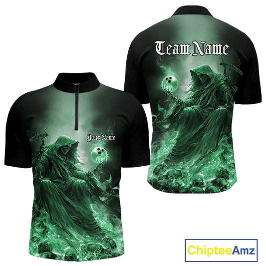 Custom Green Flame Grim Reaper Bowling Men Quarter-Zip Shirts, Halloween Bowling Team Outfit IPHW9469